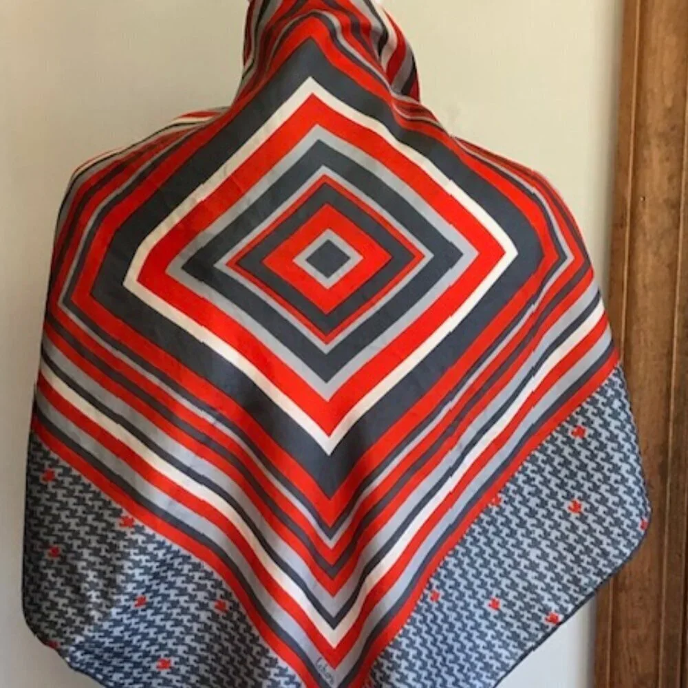 ECHO Silk Gray Red Square Scarf Vintage